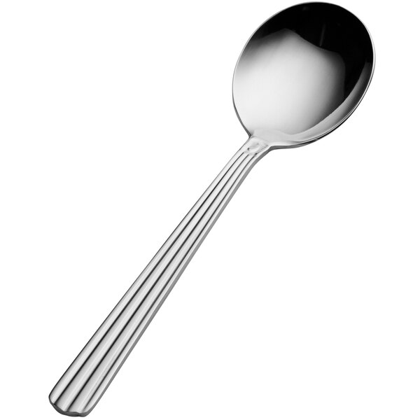 A Bon Chef stainless steel bouillon spoon with a long handle.