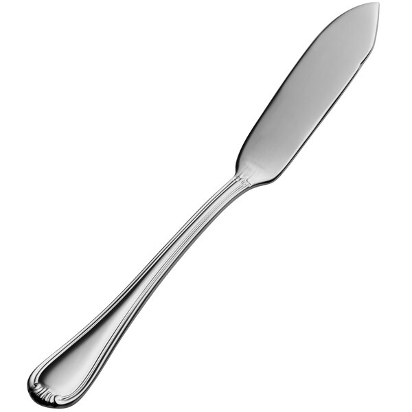 A silver Bon Chef flat handle butter spreader.