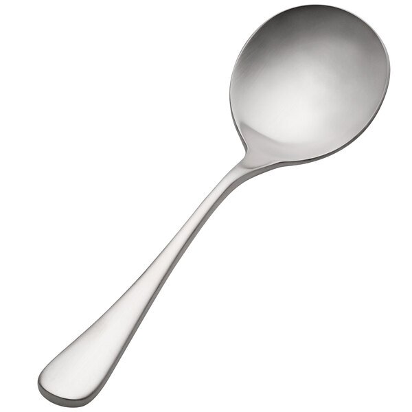 A close-up of the handle of a Bon Chef Como stainless steel bouillon spoon.
