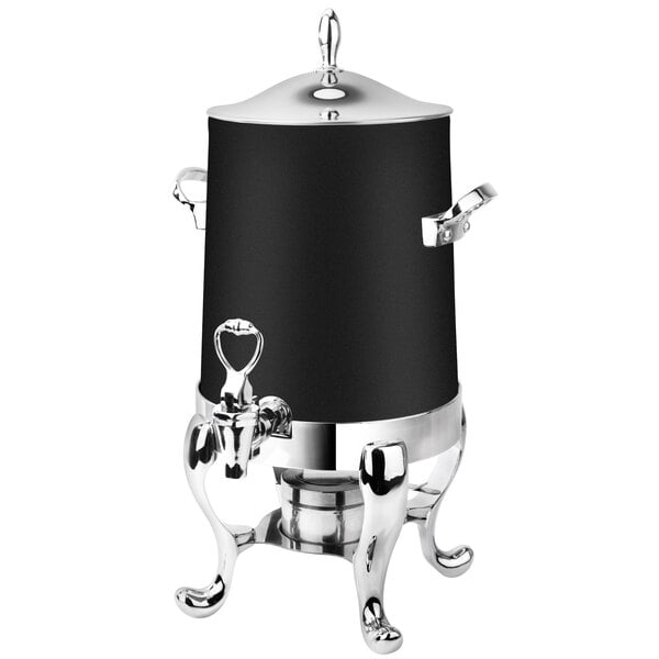 An Eastern Tabletop black and chrome stainless steel coffee urn with a spigot and lid.