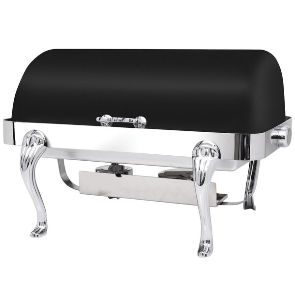 An Eastern Tabletop Queen Anne black and silver rectangular chafer with a roll top lid.