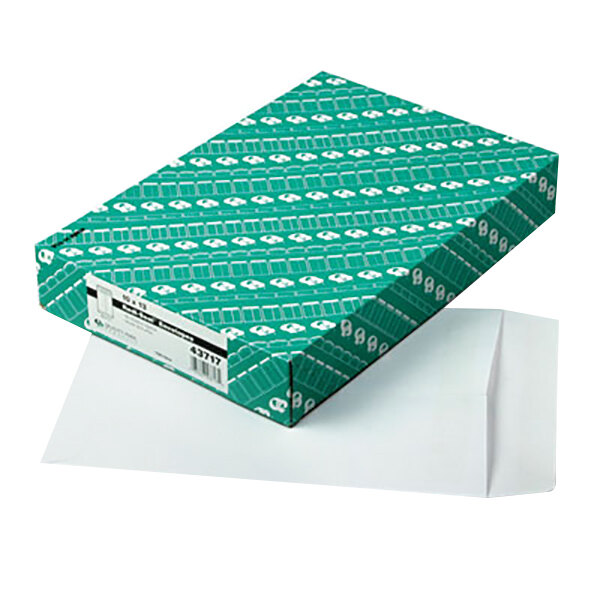 A green box with white paper on top containing Quality Park white file envelopes with red and black text.