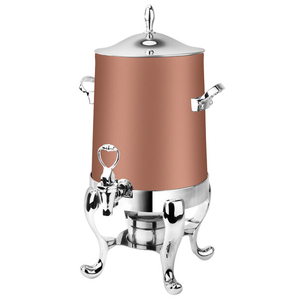 A copper coated stainless steel Eastern Tabletop coffee urn with a silver base.