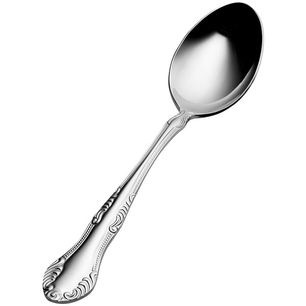 A close-up of a Bon Chef stainless steel soup/dessert spoon with a white background.