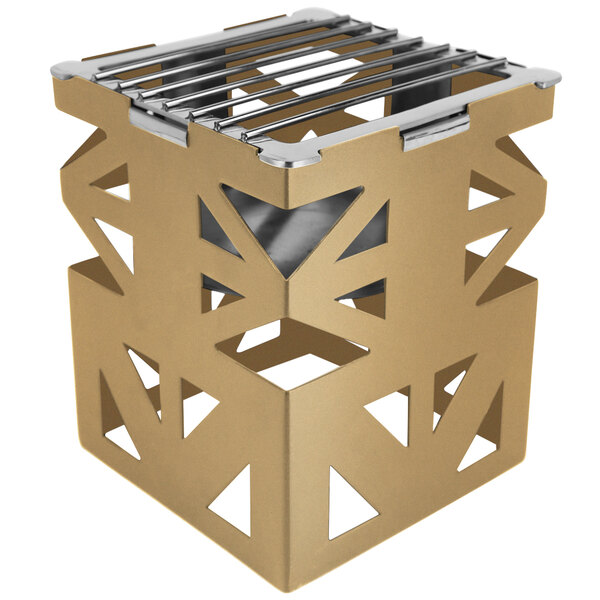 An Eastern Tabletop bronze coated steel cube with a metal grate.
