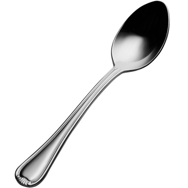 A close-up of a Bon Chef stainless steel teaspoon with a silver handle and a black spoon.