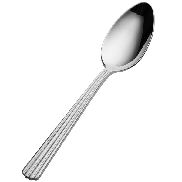 A Bon Chef stainless steel soup/dessert spoon with a long, silver handle.