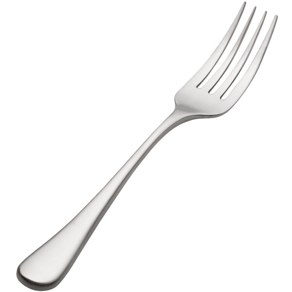 A close-up of a Bon Chef stainless steel salad fork with a silver handle.