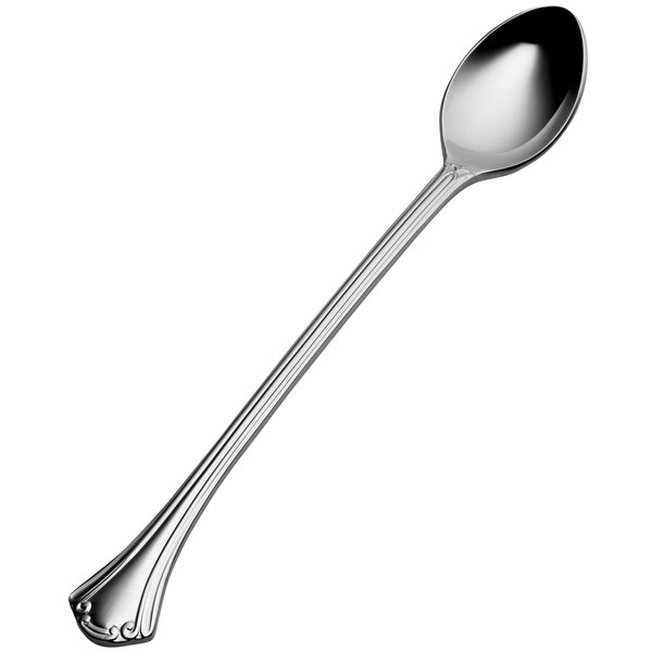 A close-up of a Bon Chef silver iced tea spoon with a Breeze design handle.