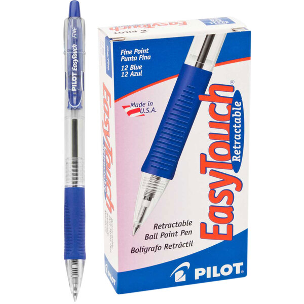 A box of 12 Pilot EasyTouch blue pens with a blue pen next to it.