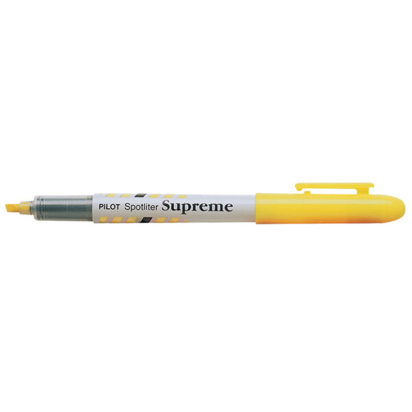 A Pilot fluorescent yellow highlighter with a white label.