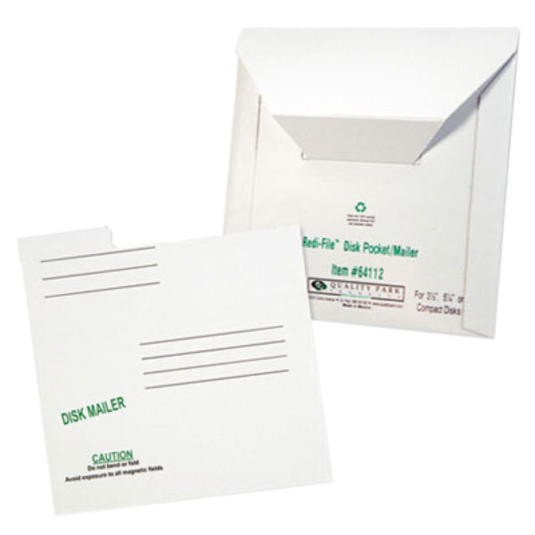 A close-up of a white Quality Park disk mailer with green text on it.