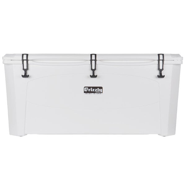 A white Grizzly cooler with black handles and logo.
