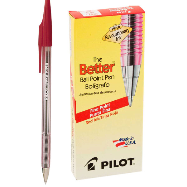 A box of 12 Pilot Better Red Ball Point Stick Pens with a tinted barrel.