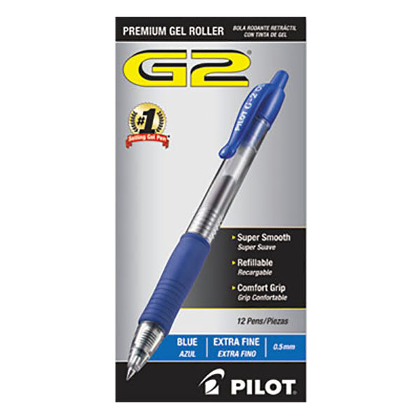 A package of 12 Pilot G2 Premium Blue Ink Gel Pens with translucent barrels.