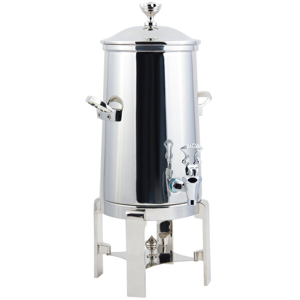 A Bon Chef stainless steel coffee chafer urn with chrome trim and handles.