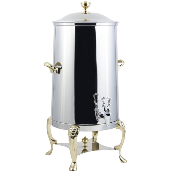 A Bon Chef stainless steel coffee chafer urn with brass and gold trim.