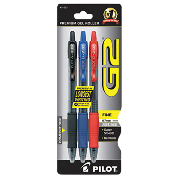 A box of Pilot G2 premium gel pens in yellow and black packaging. Pens have translucent barrels and come in blue and red ink.