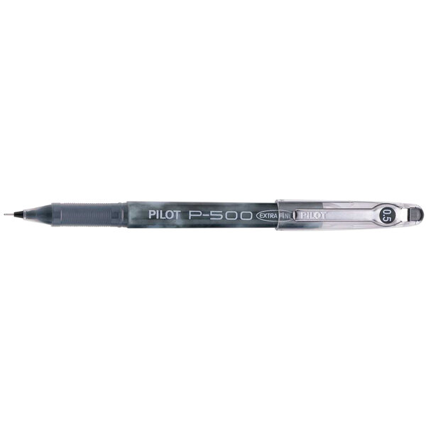 A close-up of a Pilot P-500 black gel pen with a silver tip.