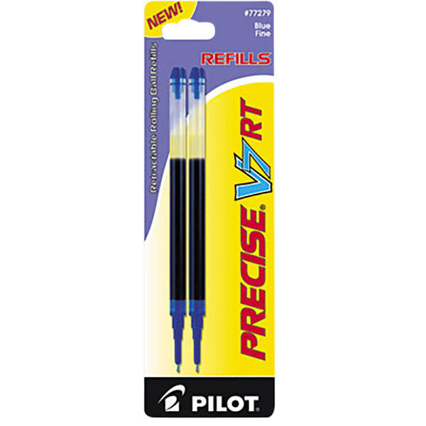 Two Pilot Precise V7 RT pen refills with blue writing on them.
