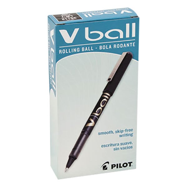 A box of 12 Pilot VBall black roller ball pens with black ink.