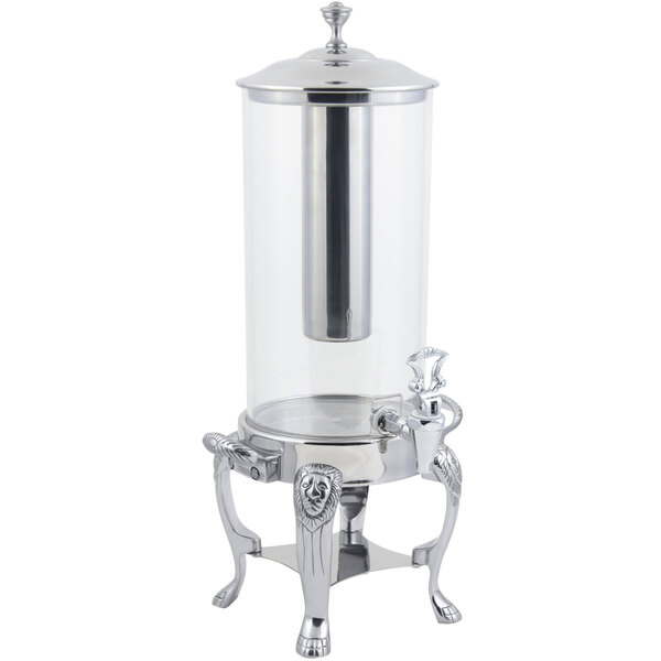 A Bon Chef silver and glass beverage dispenser with a silver ice chamber and stand.