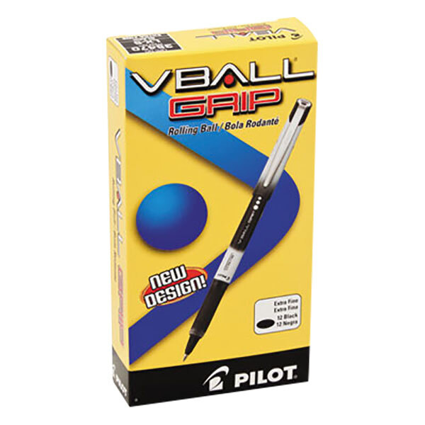 A box of 12 Pilot VBall Grip black ink pens with black and white barrels.