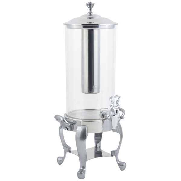A Bon Chef Roman chrome beverage dispenser with a stainless steel ice chamber and stand.