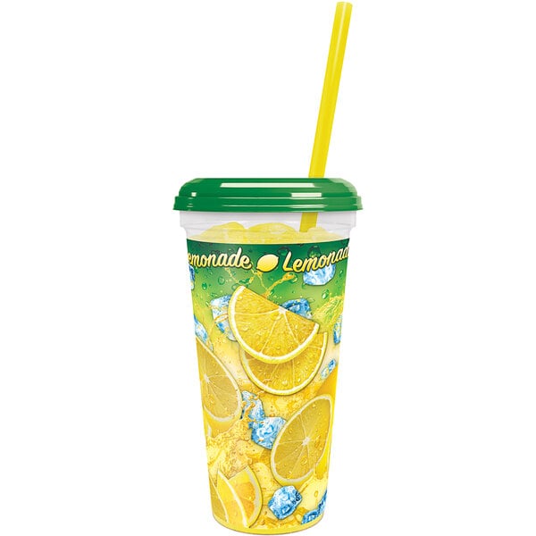A clear plastic lemonade cup with a straw and a lid with lemons on it.