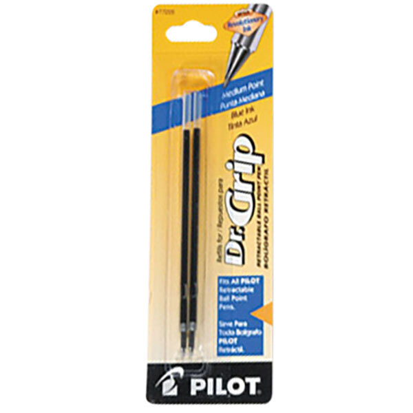 A yellow box of two Pilot blue ink pen refills.