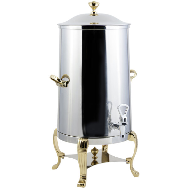 A Bon Chef stainless steel electric coffee chafer urn with brass trim.