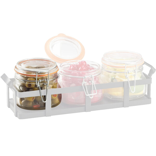 A metal container with three Cal-Mil mason jars and a lid.