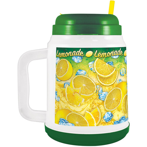 A white plastic Lemonade Mini Tanker with a green lid and yellow lemons with a straw.