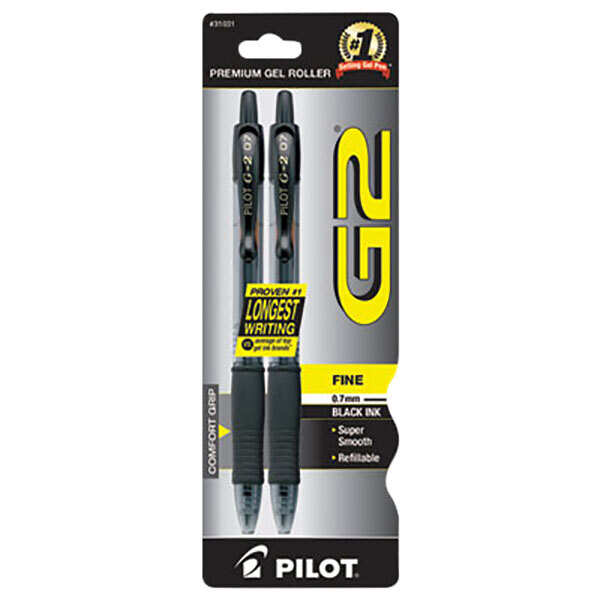 Two Pilot G2 black ink pens in packaging with translucent yellow and black accents.