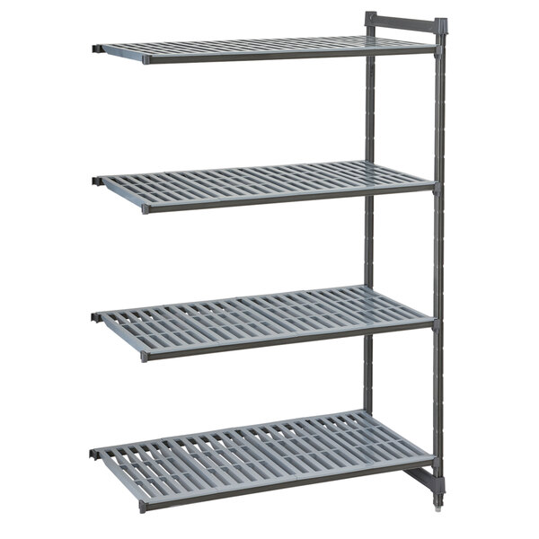 A grey metal shelf with vented shelves and 3 grey plastic grates with holes.
