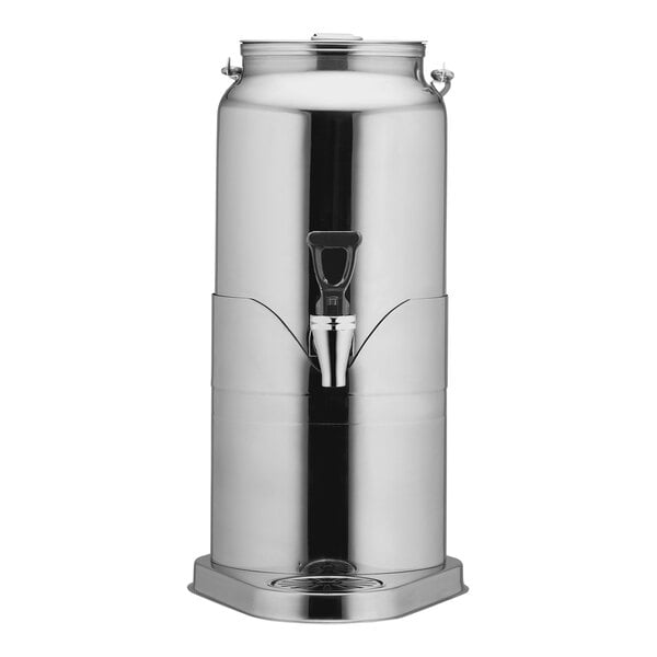 A silver stainless steel milk can beverage dispenser with a spigot and lid.