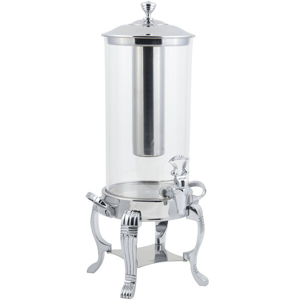 A Bon Chef silver beverage dispenser with a stainless steel ice chamber on a metal stand.
