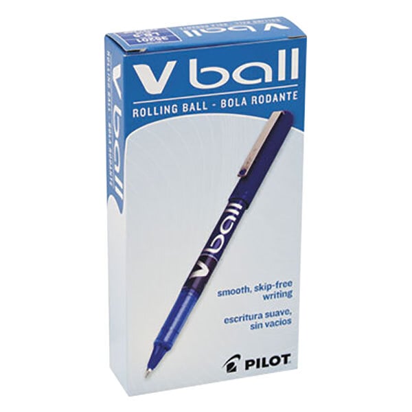 A Pilot VBall blue pen in blue packaging.