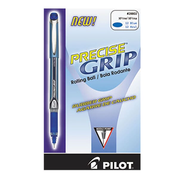 A package of 12 Pilot Precise Grip blue pens with blue ink in a blue box.