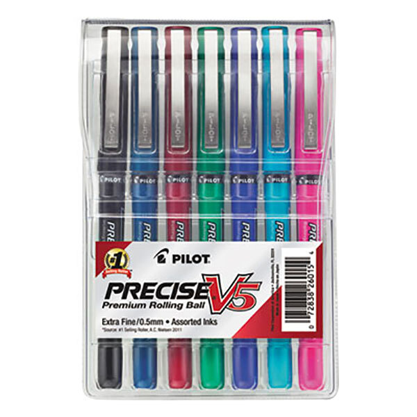 A package of Pilot Precise V5 roller ball pens with assorted ink and barrel colors.