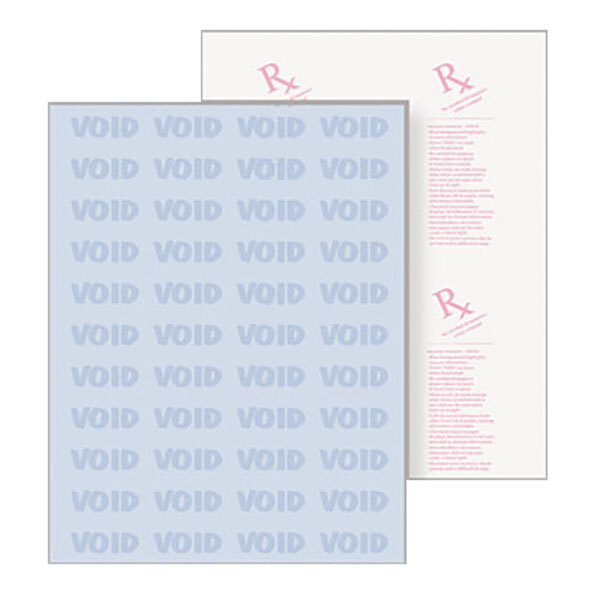 Two sheets of white paper with blue and red text reading "VOID" with a close-up of a prescription underneath.