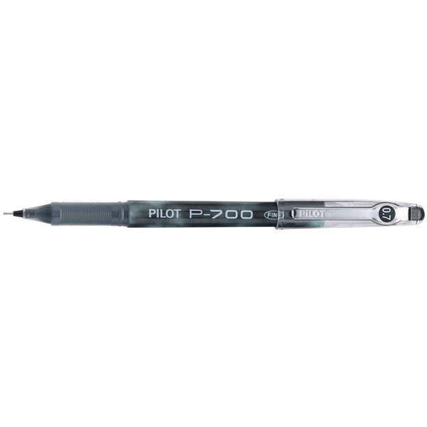 A close up of a Pilot P-700 black gel pen with a silver tip.