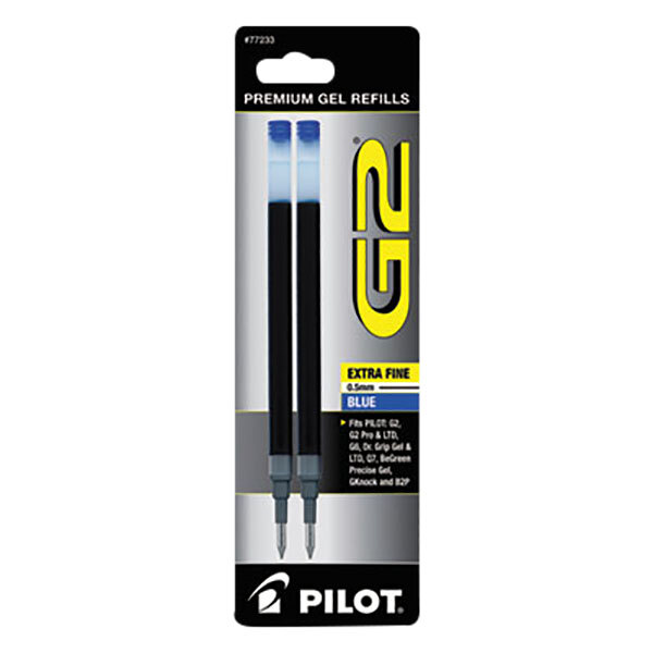 Two Pilot blue ink pen refills with black and white labels.