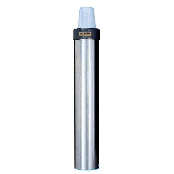 A stainless steel San Jamar vertical cup dispenser with a clear plastic cap.