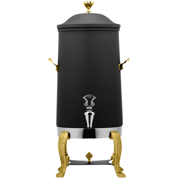 A black and gold Bon Chef stainless steel coffee chafer urn with a lid.