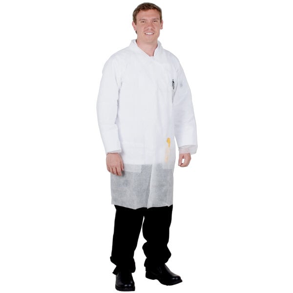 A man wearing a white Cordova disposable lab coat.