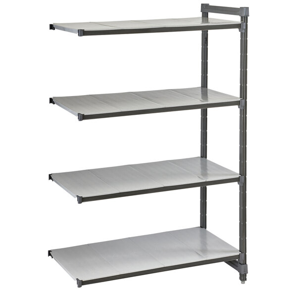 A grey metal Cambro Camshelving Basics Plus add-on unit with four shelves.