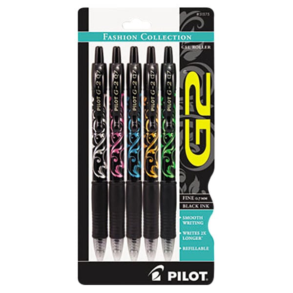 A package of 5 Pilot G2 roller ball gel pens with assorted barrel colors.