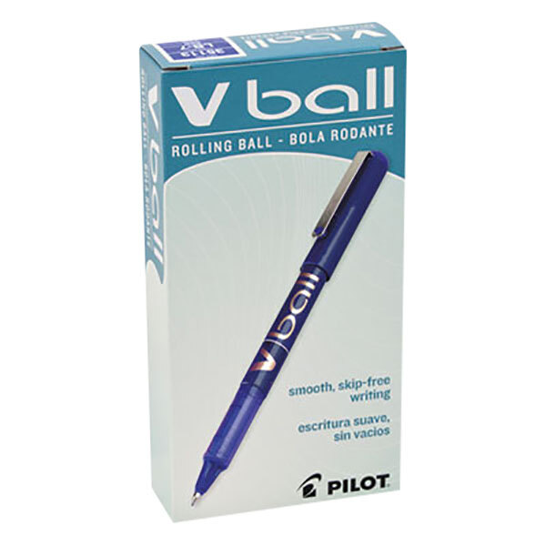 A blue Pilot VBall pen in blue packaging.