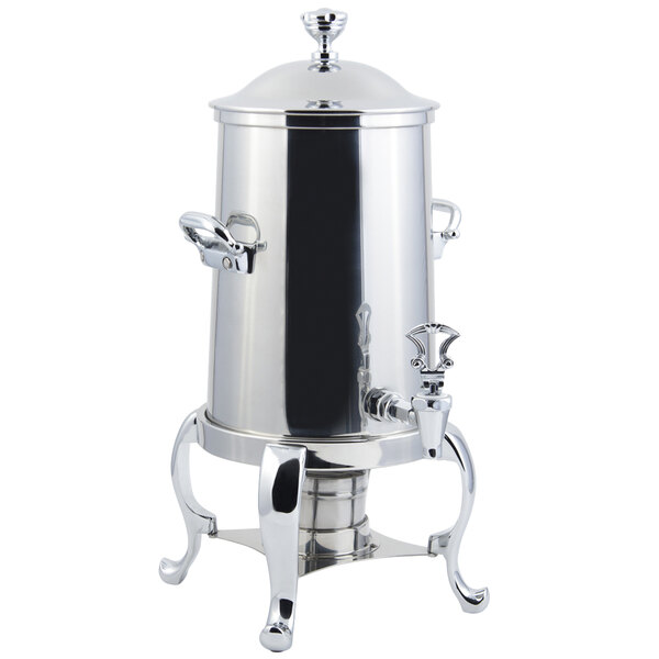 A Bon Chef stainless steel coffee chafer urn with chrome trim and two handles.